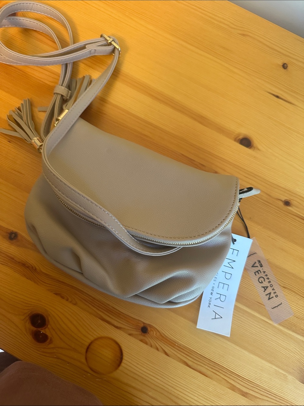 Femperia Taupe Vegan Leather Crossbody Bag with Tassel Accent